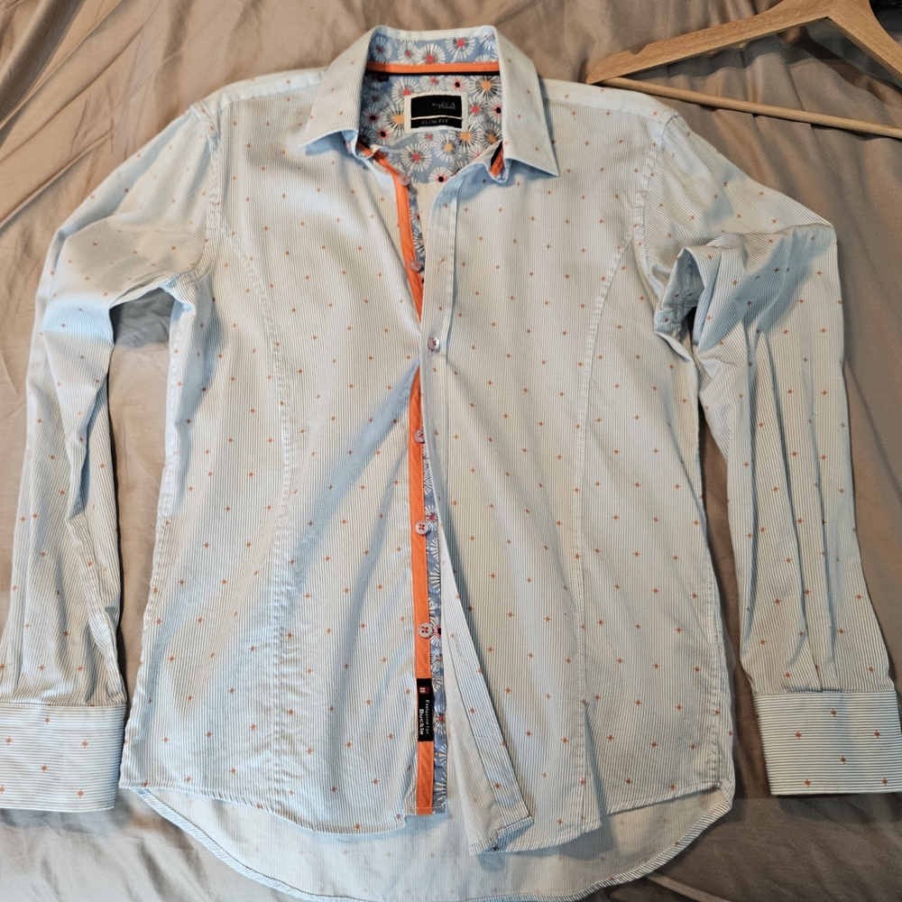 Stylish Men's Light Blue Shirt with Orange Details
